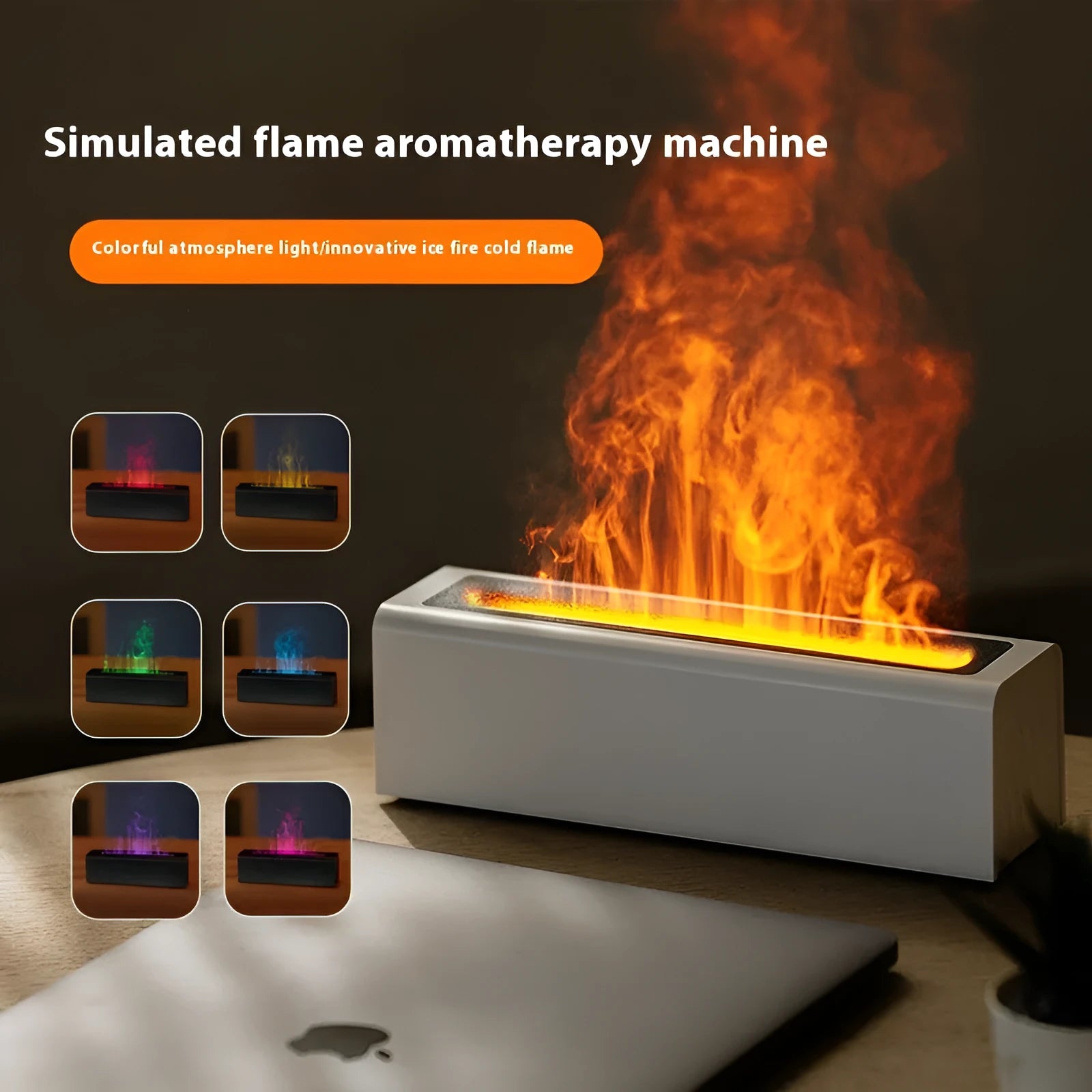 Square USB plug-in aroma diffuser with colourful simulated flame light effect on a table.