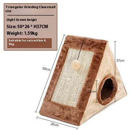 Grey and white triangular cat bed with sisal scratching surfaces, shown next to a light brown and beige version.