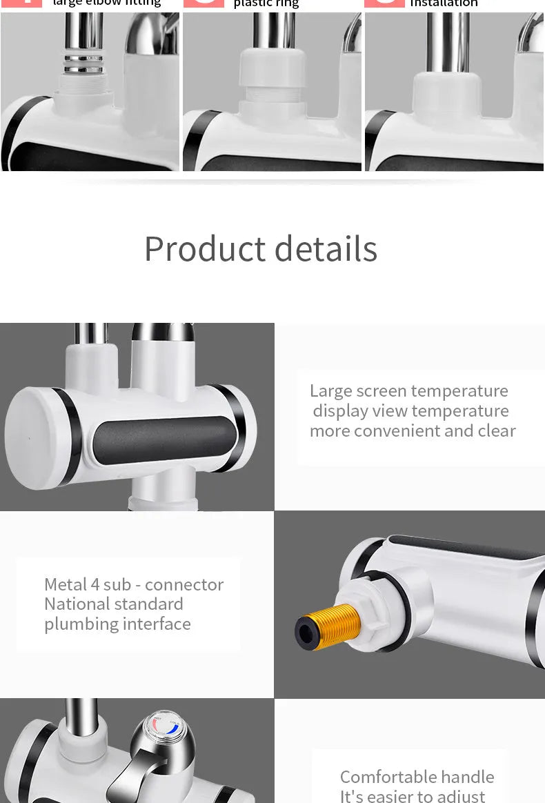 White electric instant water heater for kitchen taps with digital temperature display