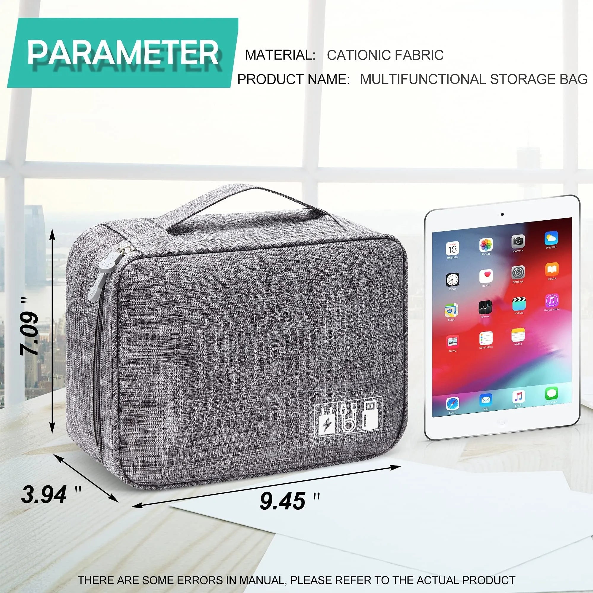 Black and grey waterproof electronics organiser bag open to show removable dividers and mesh pockets for cables.
