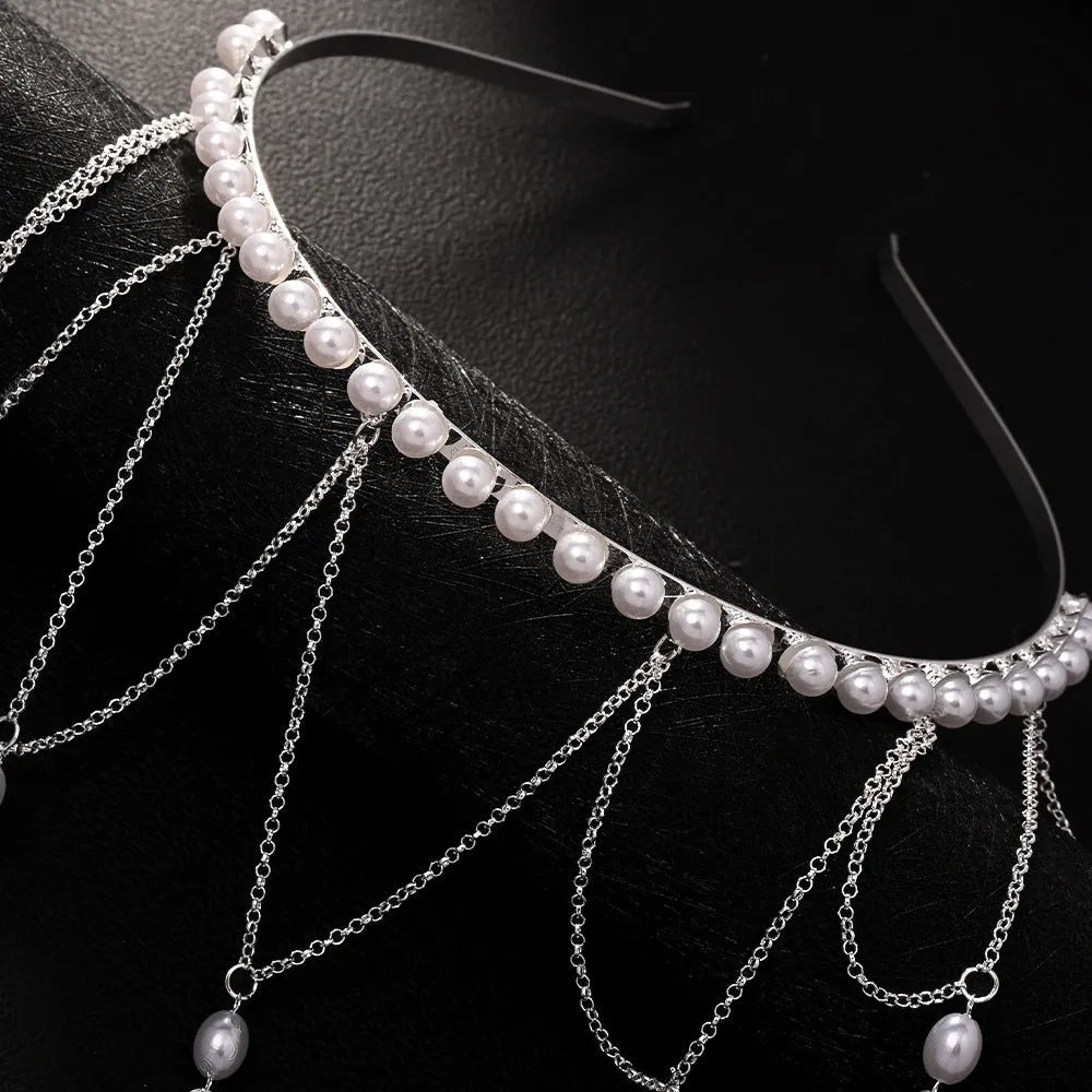 Women's mesh tassel hair chain jewellery in gold or silver colour with pearl decoration