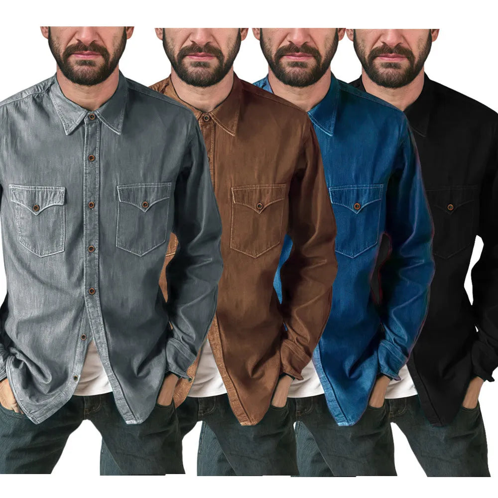A cotton denim cardigan coat in a regular fit, shown on a hanger.