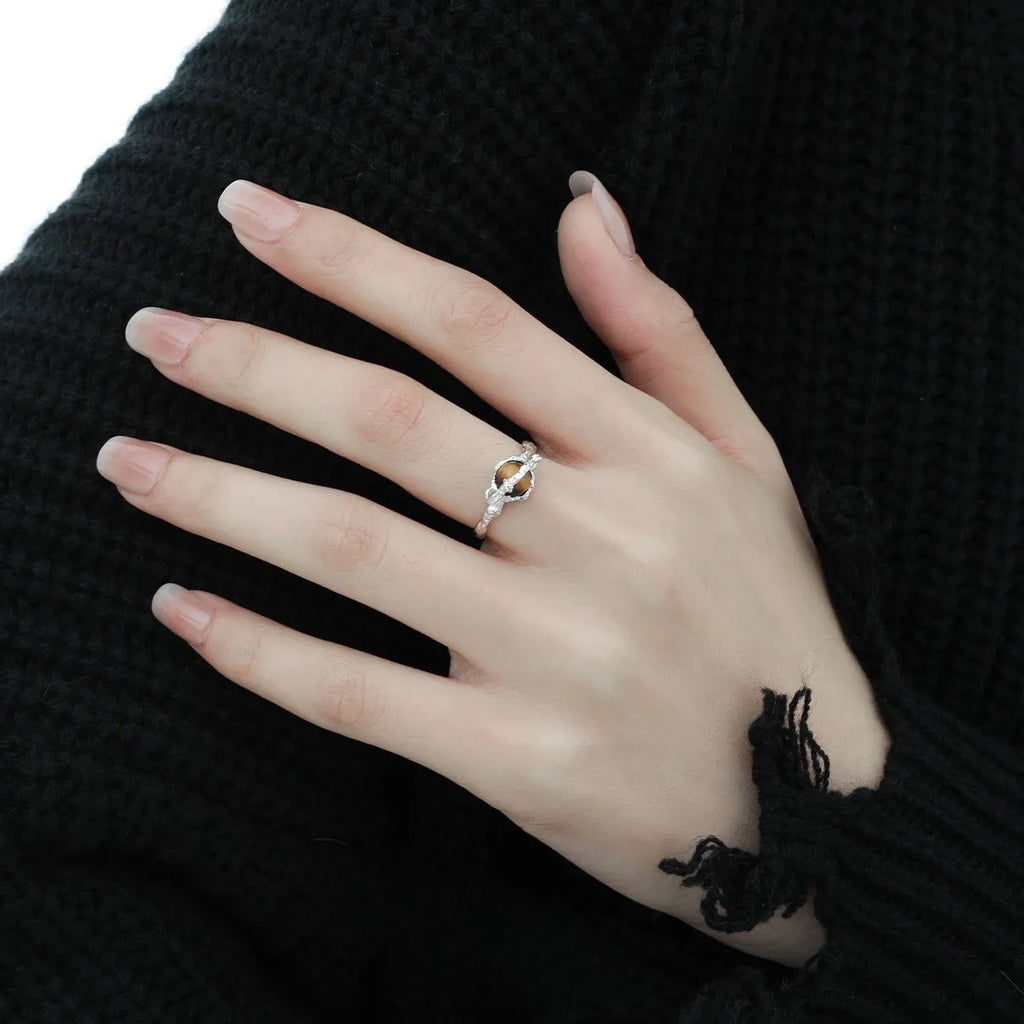 Women's adjustable Saturn tigereye open ring with electroplated white gold colour finish on silver