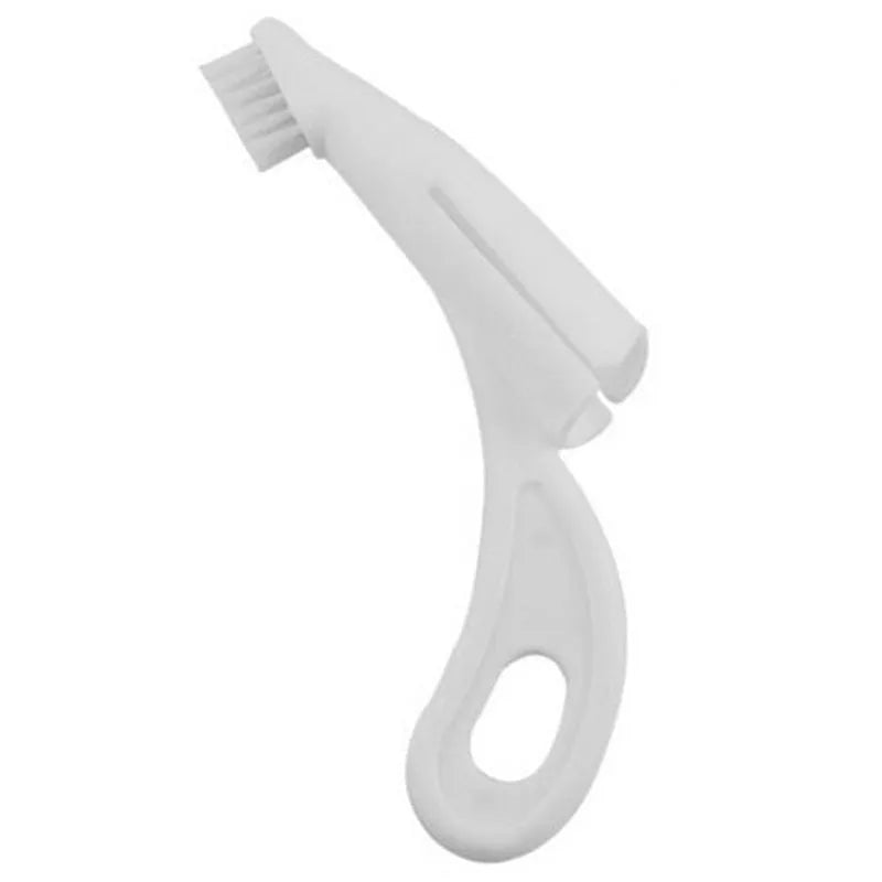 Red and white pet finger toothbrush with silicone bristles for dog and cat dental care.