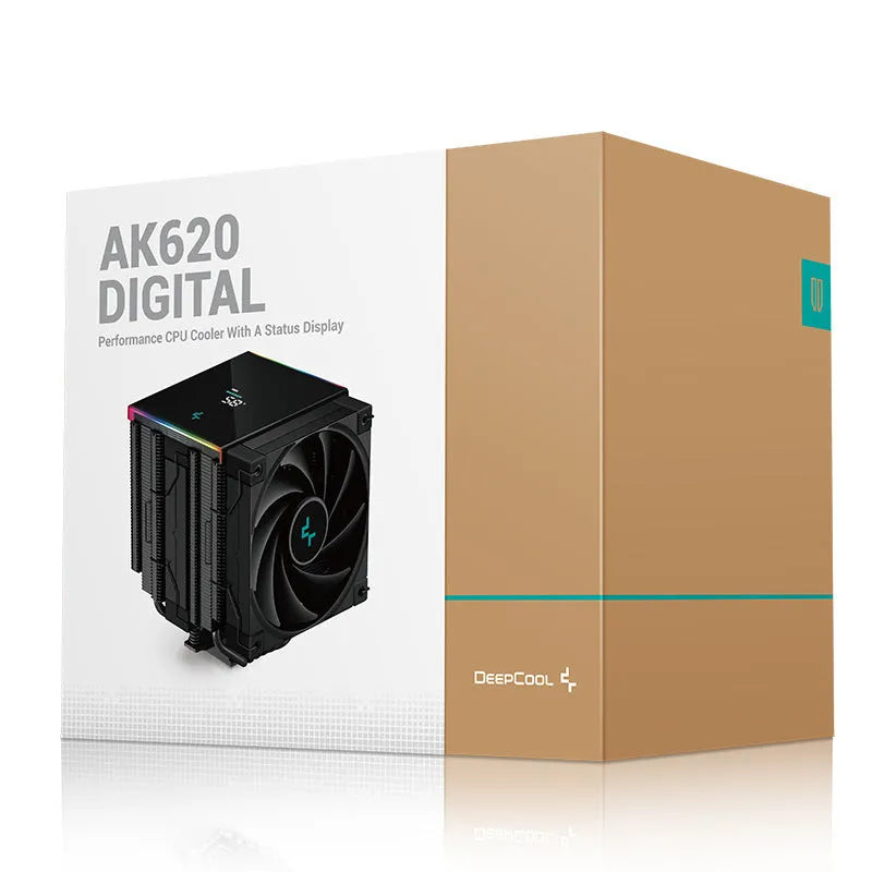 DeepCool black twin tower CPU air cooler with digital temperature display installed on a motherboard.