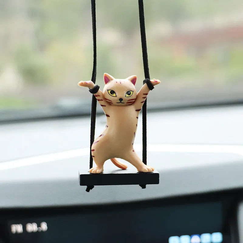 Cartoon resin cat pendant for car interior on a 25 cm adjustable rope, in black, white, flower, grey, or brown colour.