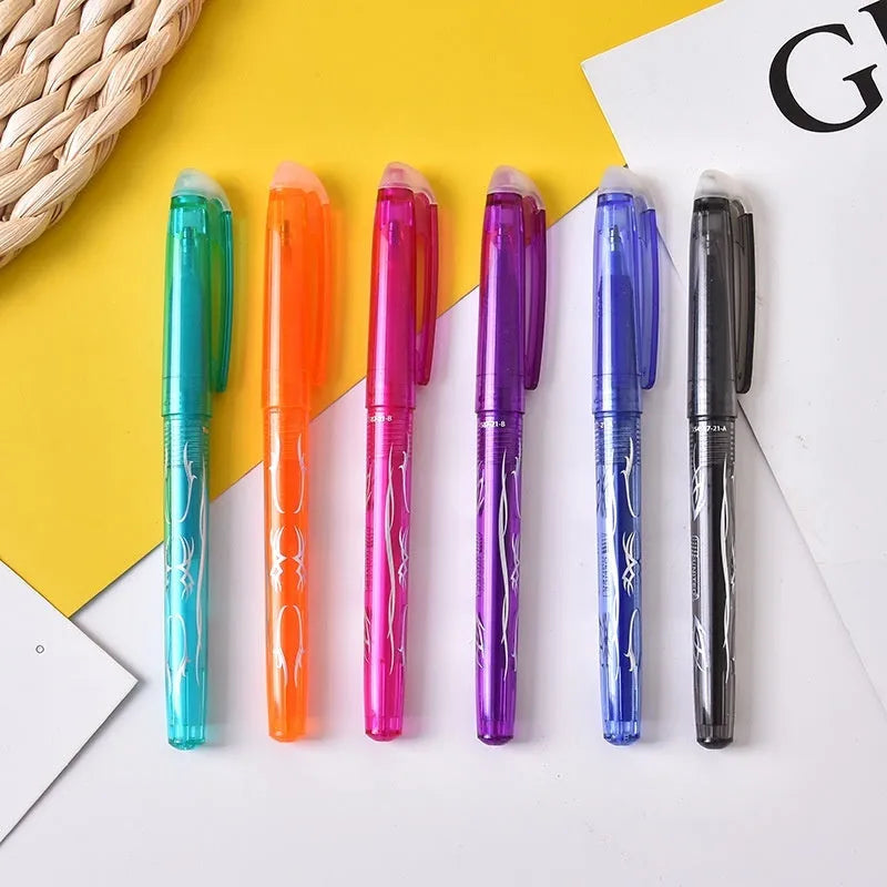 Heat-erasable gel pen set with plastic body, stainless steel nib, and assorted colours in 0.5mm and 0.7mm sizes