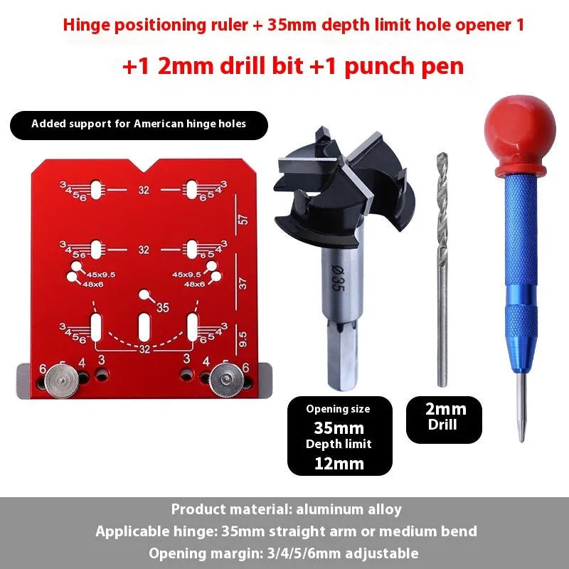 Aluminium alloy 35mm hinge locator tool with adjustable margin settings for cabinet installation.