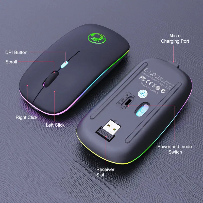 Black and white wireless mouse with luminous scroll wheel showing Bluetooth and silent button features