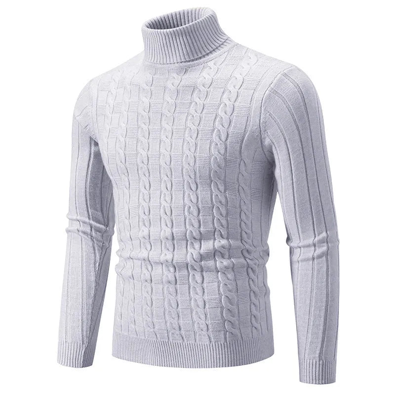 Men's slim fit chenille turtleneck pullover sweater in neutral colour on hanger