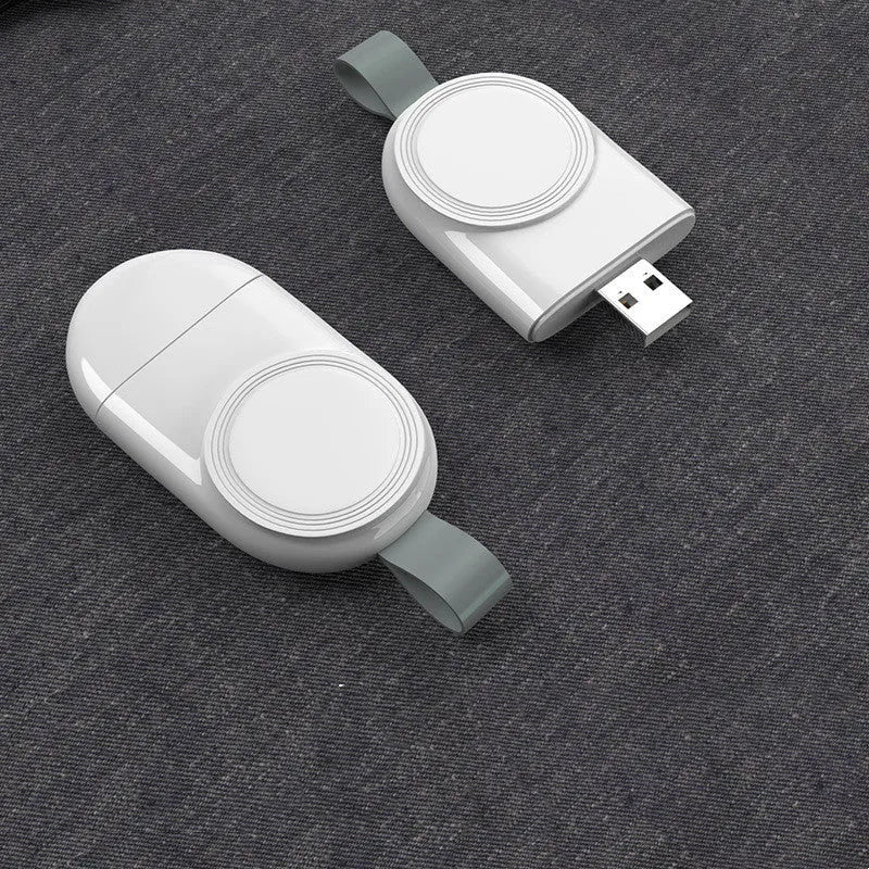 Portable wireless charger dock for Apple Watch in white, with USB cable and compact ABS body