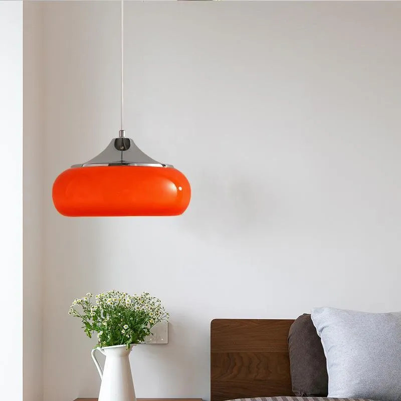 Bauhaus three-headed glass egg tart pendant light in retro style, shown in milk white.
