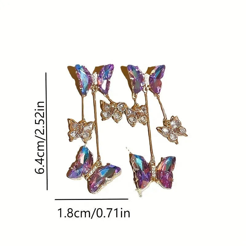 Silver needle colour crystal butterfly earrings with blue-purple electroplated finish and tassel elements