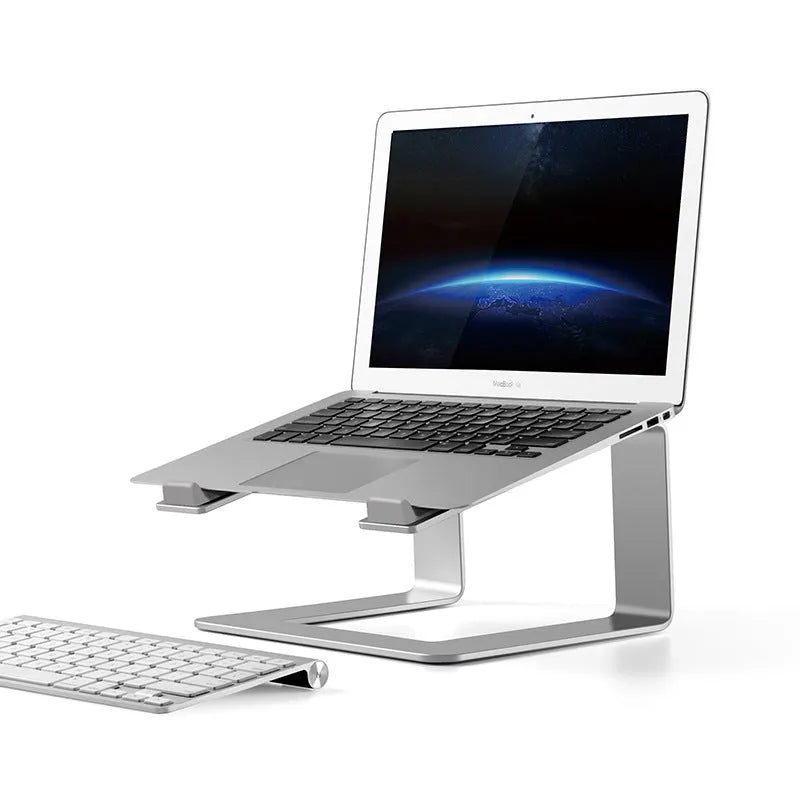 Aluminium alloy laptop stand on desktop in black colour with laptop elevated