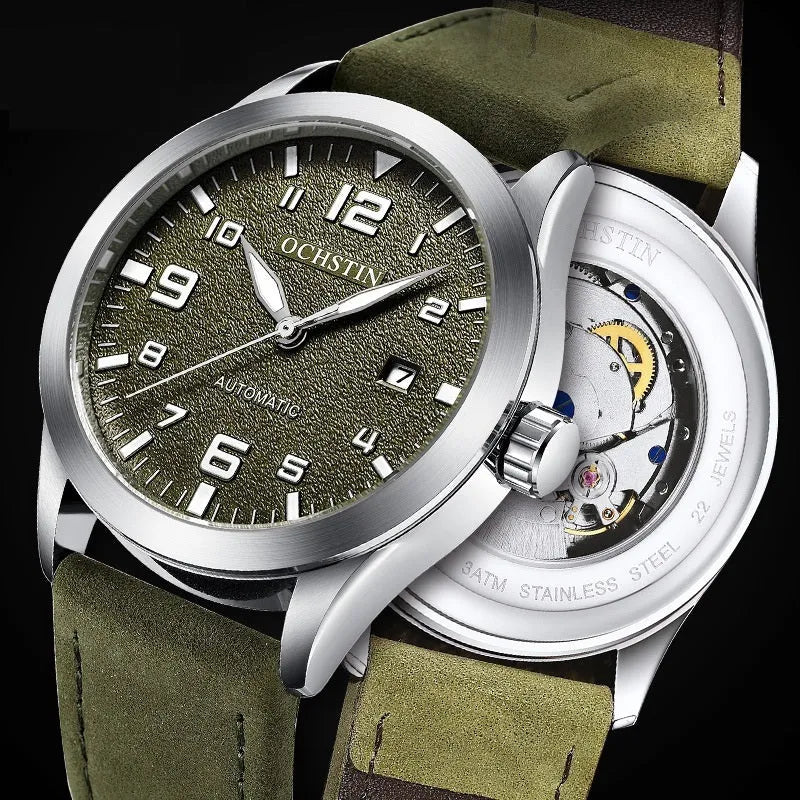Men's automatic mechanical watch with leather strap showing black shell beige dial and silver army green options