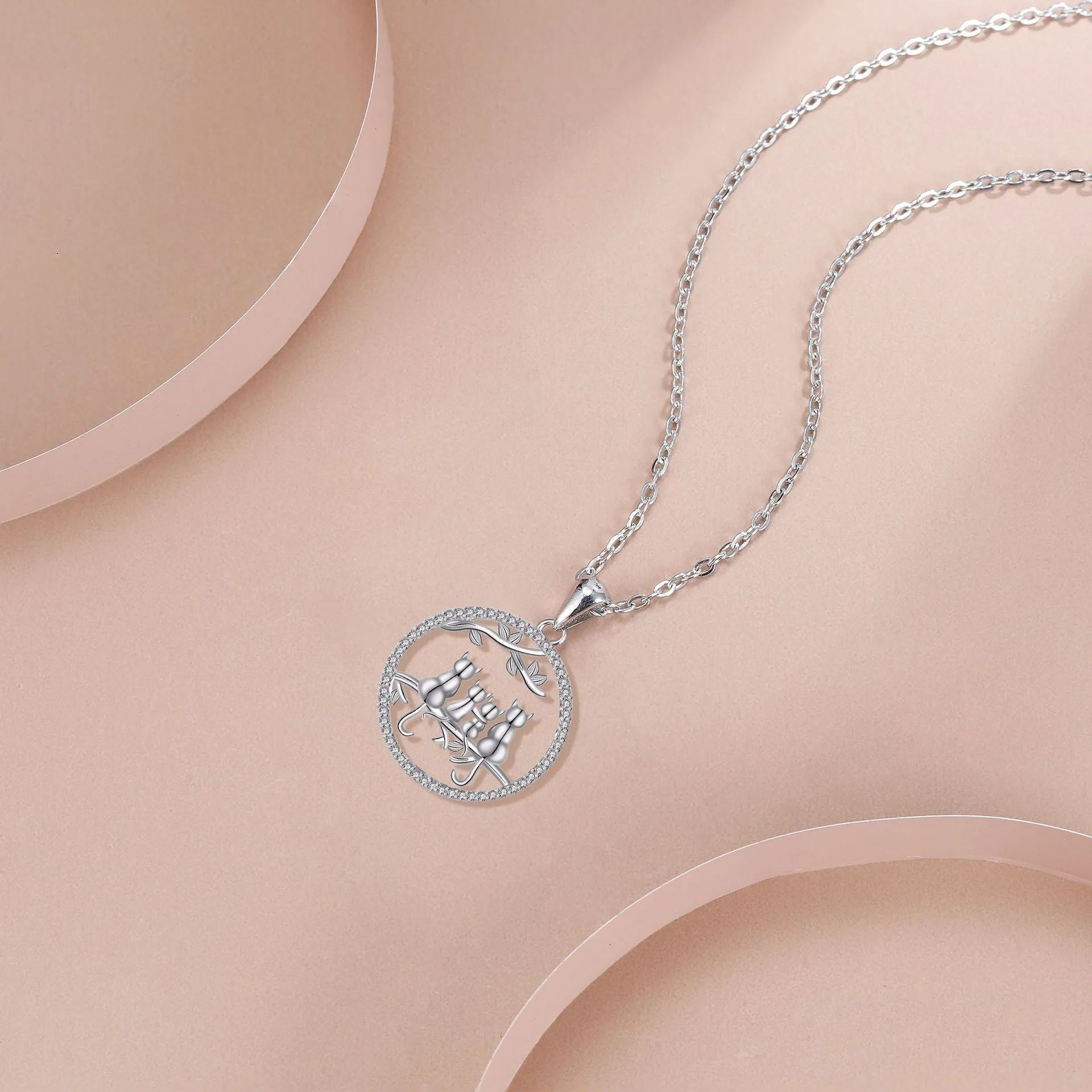 Four kitten pendant necklace for women with copper chain and electroplated finish