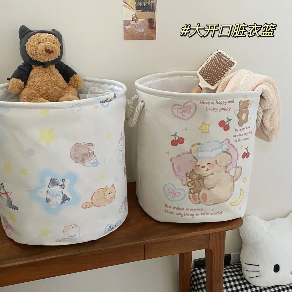 Foldable cotton laundry basket in a colourful design, shown unfolded for use.