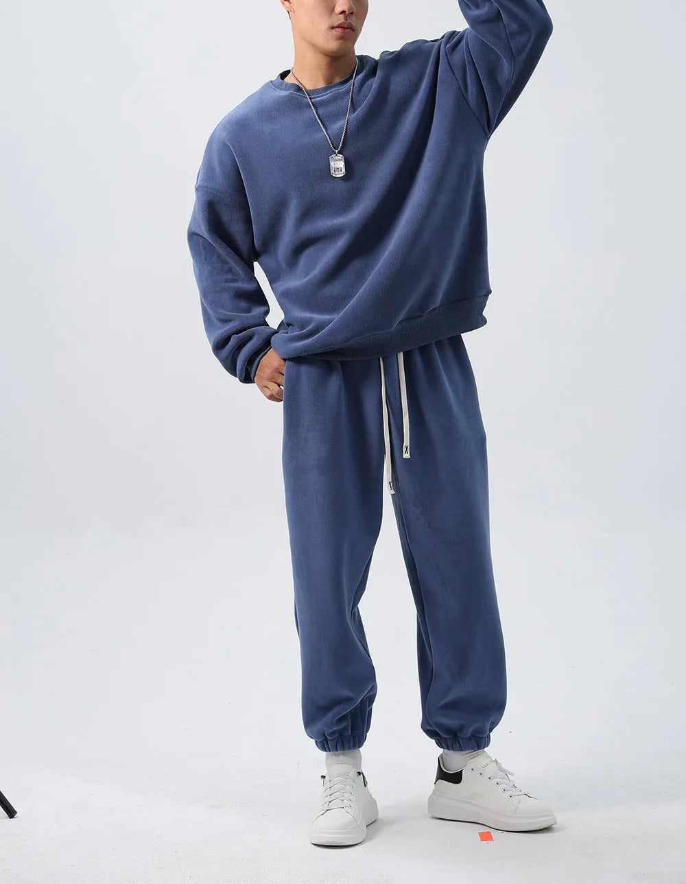Men's polar fleece winter sports suit in five colour options showing crew neck top and matching trousers