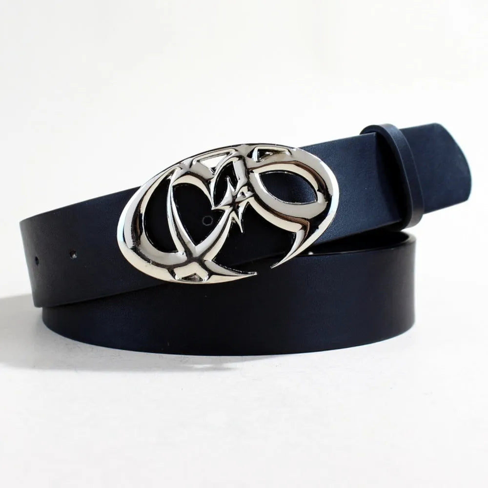 Silver buckle casual belt with snap button fastening on PU leather strap