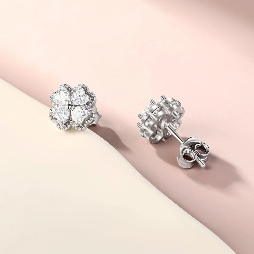Zeng Yin white gold colour heart-shaped earrings with four-leaf clover design and zircon stones