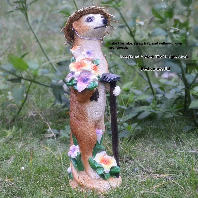 Plastic resin mongoose ornament set with straw hats and gardening tools for bonsai decoration