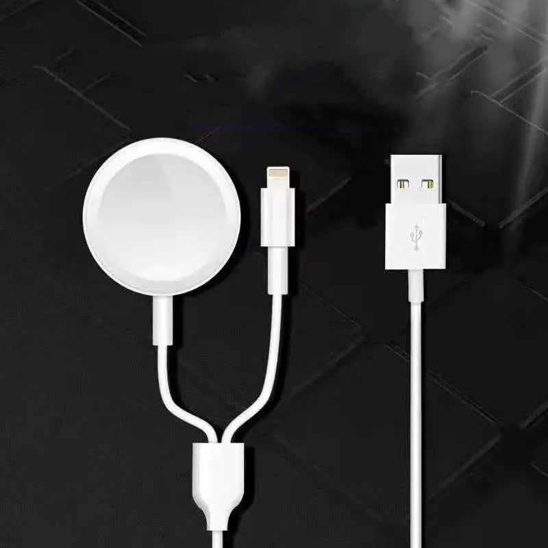 Portable wireless charger dock for Apple Watch in white, with USB cable and compact ABS body