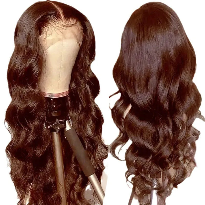 Women's dark brown front lace wig with long curly hair and side bangs, exotic style.