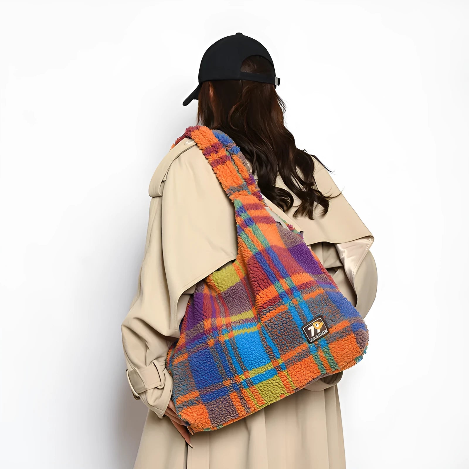 Women's plaid crossbody tote bag in soft plush material with horizontal square shape
