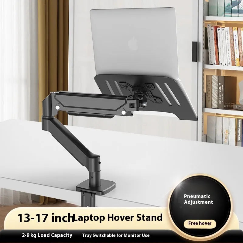 Aluminium alloy laptop support with suspended cooling and mechanical arm base on a desk