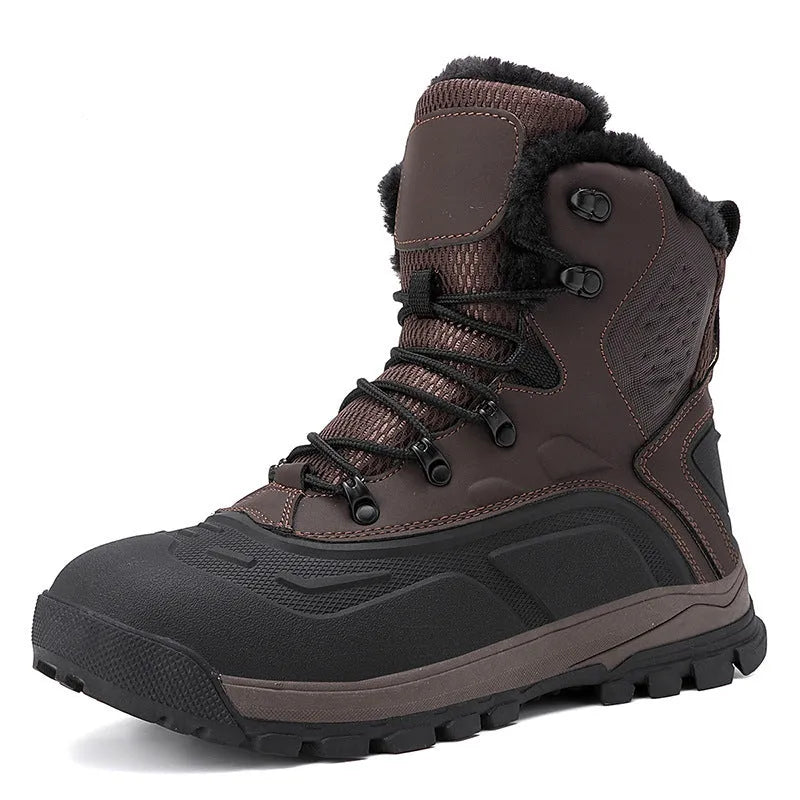 Men's black high-top winter boots with fleece lining and lace-up front.