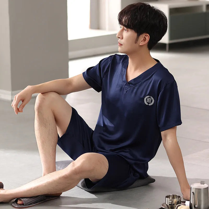 Men's ice silk loose-fit pajama set with short sleeve shirt and matching shorts in cooling fabric