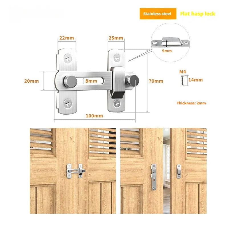 Heavy-duty stainless steel barn door hasp lock with flat shackle, shown at a 90-degree angle.