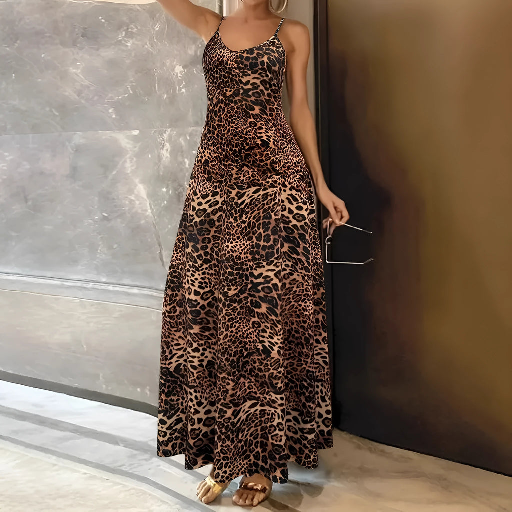 Dark brown leopard print women's dress with sleeveless sling design and shoulder straps