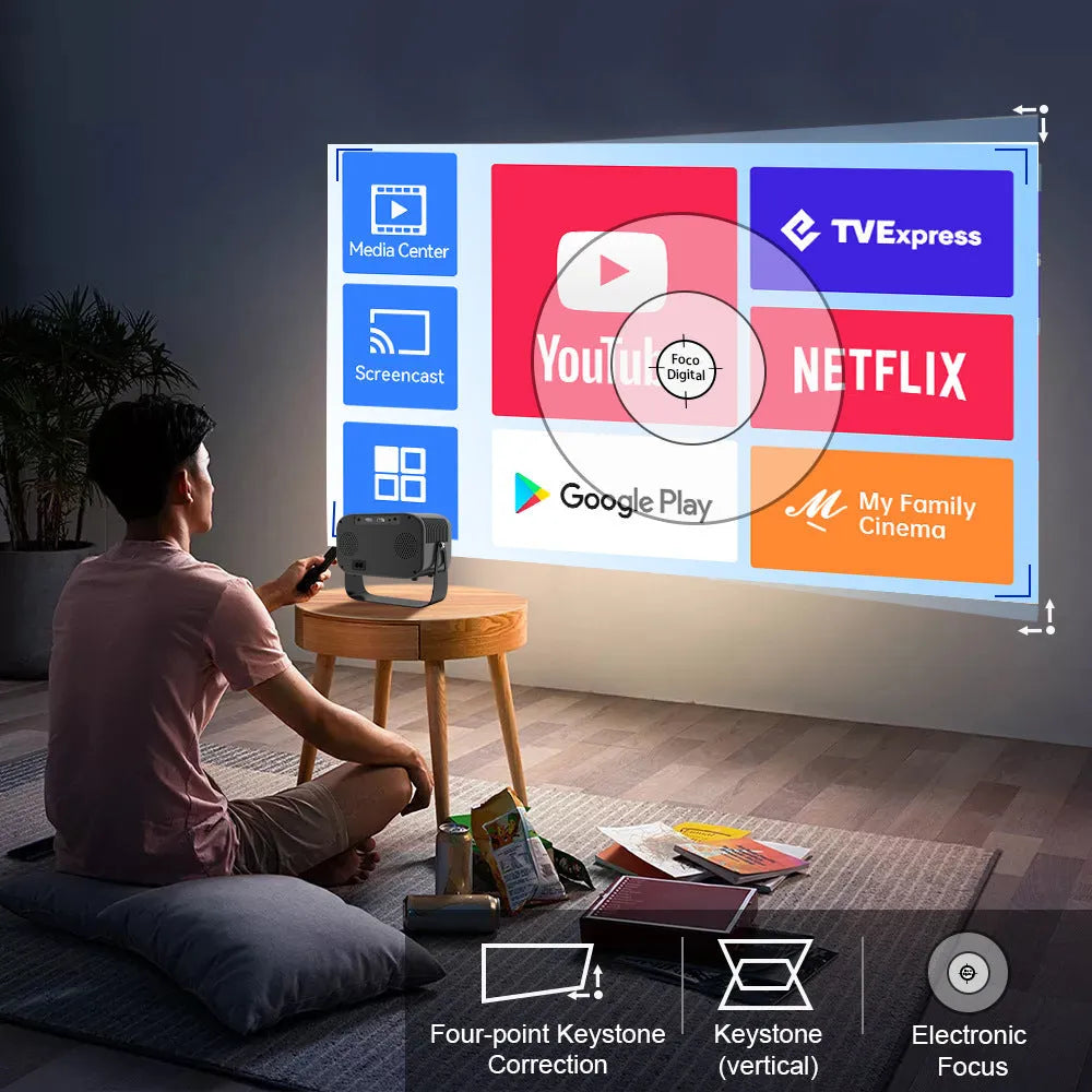 Black HD smart portable projector with remote control and multiple plug formats