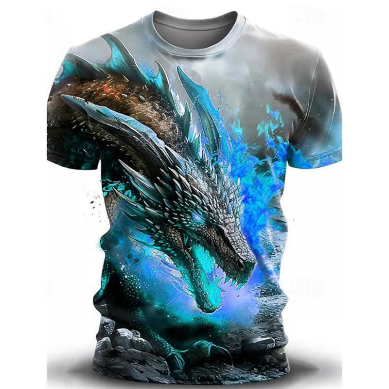 Man wearing a grey T-shirt with a large blue and white 3D Wind Dragon print across the chest.