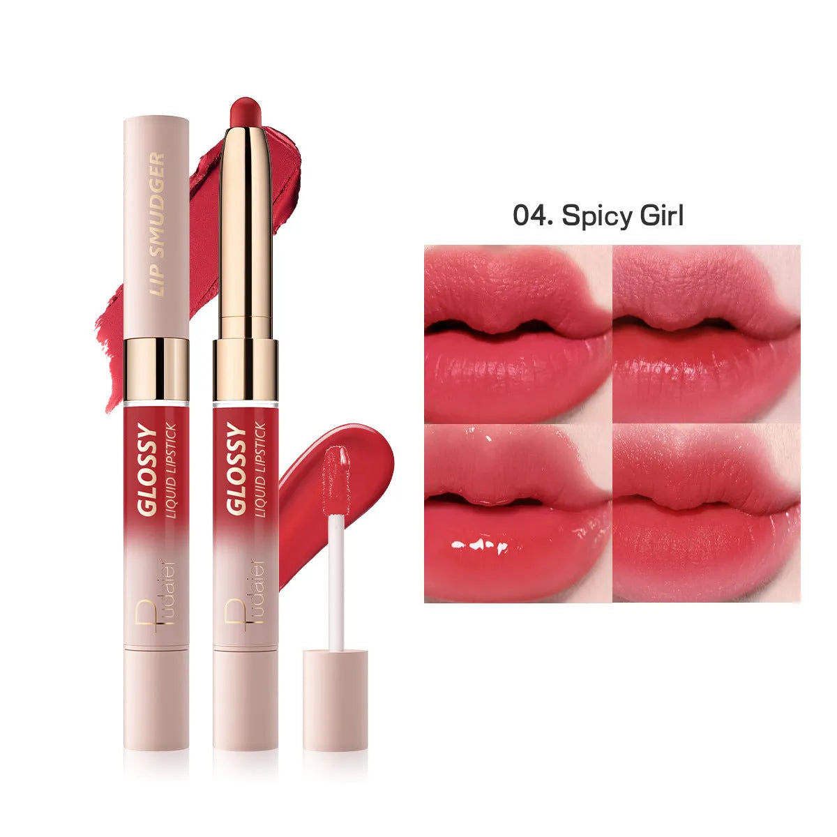 Double-headed lipstick and lip gloss set showing matte finish, available in ten different colour options.