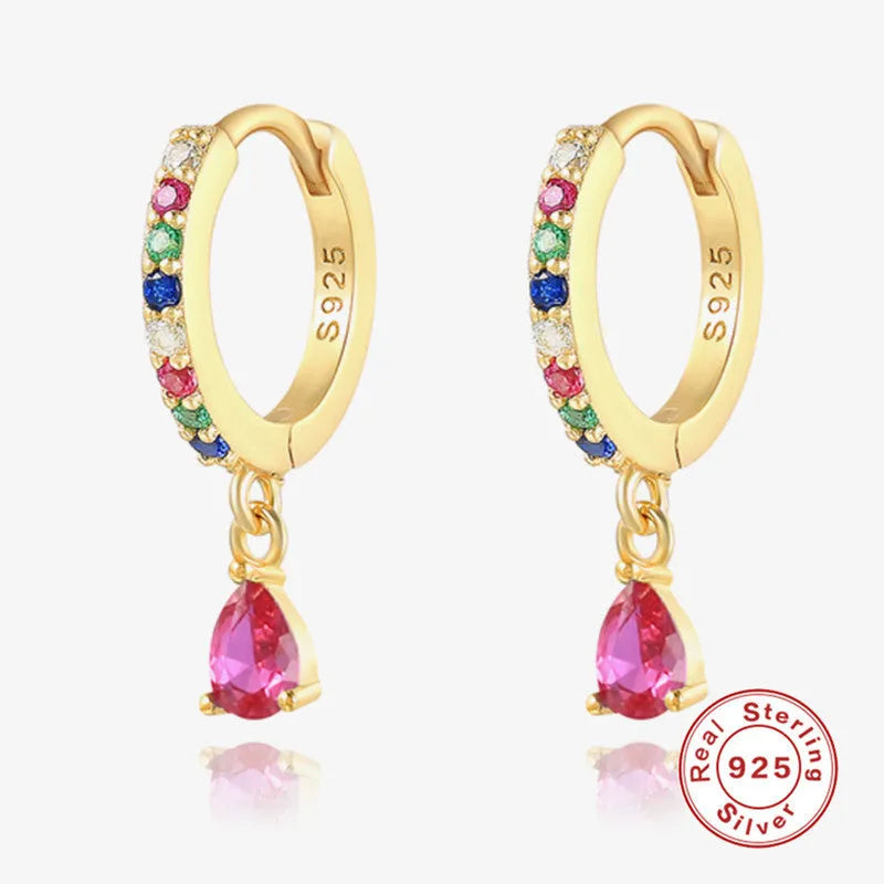 Geometric water drop earrings in Sterling Silver with electroplated gold finish and purple diamond stones