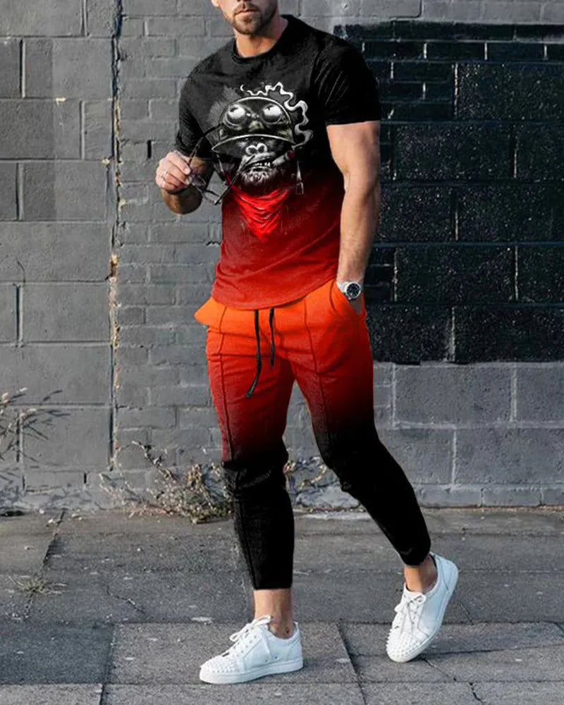 Men's short-sleeved printed pullover and matching trousers set on a neutral background