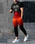Men's short-sleeved printed pullover and matching trousers set on a neutral background