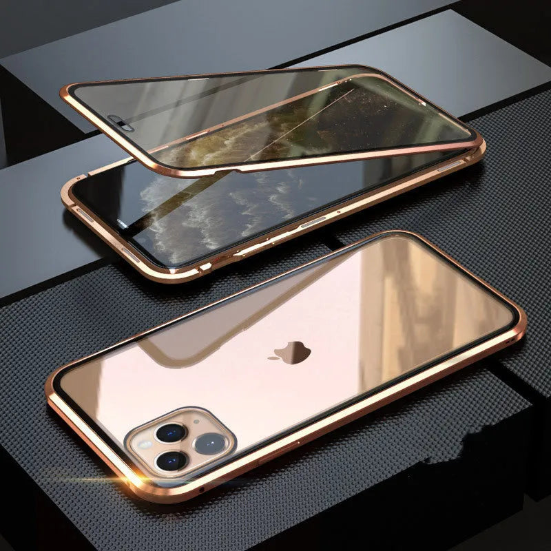 Clamshell anti-spy phone case in six colours showing tempered glass construction for iPhone privacy protection