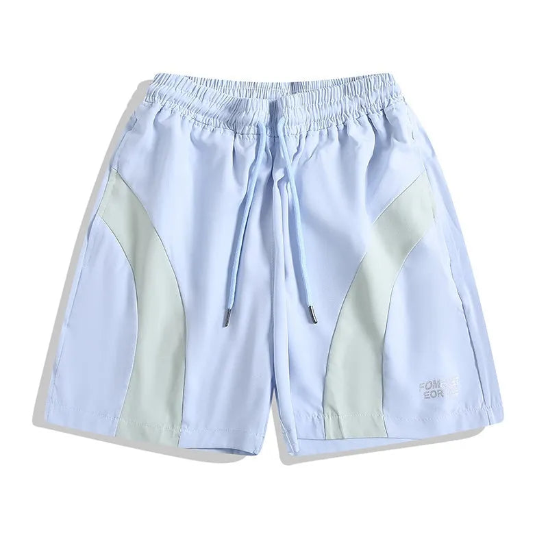 Quick-drying black and grey sports shorts with elastic waist and loose straight-leg design