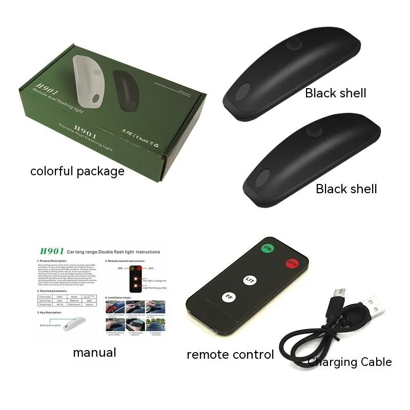 Black or white car strobe light with remote control for adverse weather visibility.