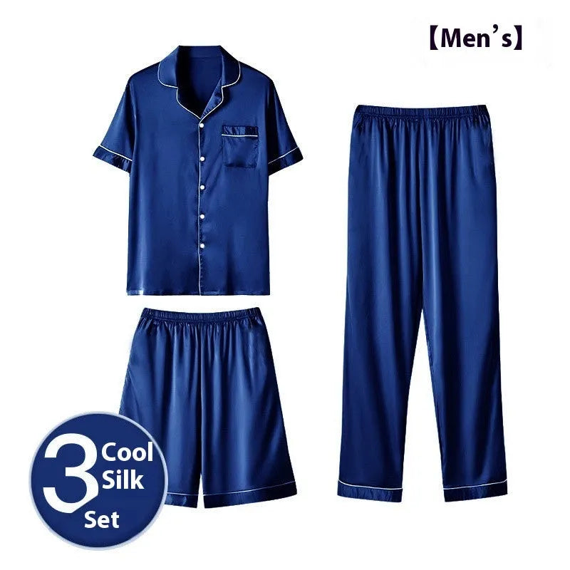 Men's ice silk three-piece homewear set in a choice of colours, showing top, shorts, and trousers.
