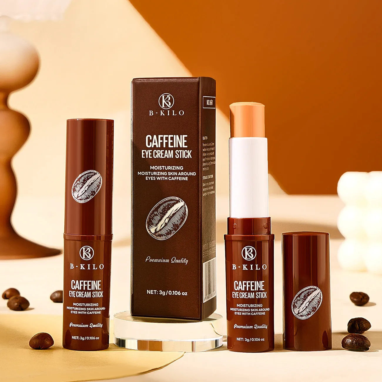 Caffeine Eye Cream Stick in roll-on applicator format for under-eye hydration and fine lines.
