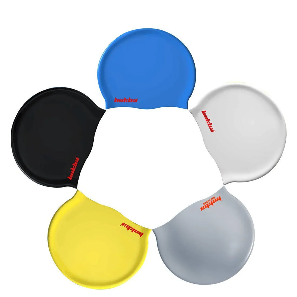 Silicone swimming cap with waterproof earmuffs in multiple colours showing letter pattern design
