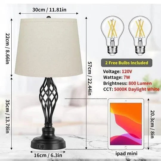 Silver alloy bedside table lamp with touch controls and USB charging port on base
