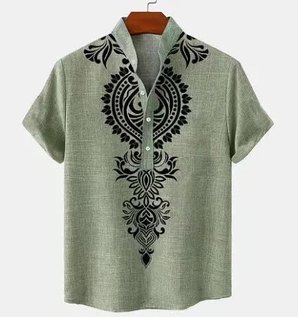 Men's striped loose fit casual shirt with personalised buttons on a hanger.