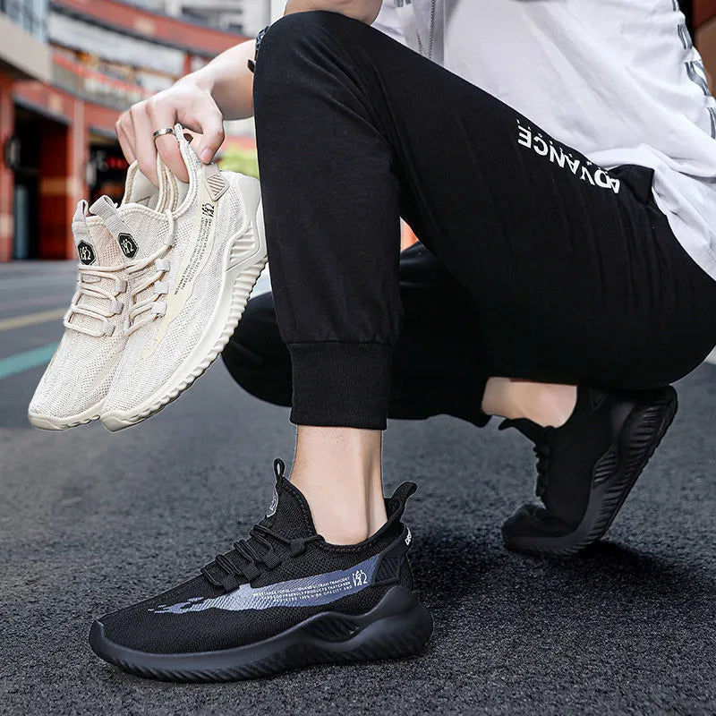 Men's lightweight breathable mesh walking shoes with thick sole in black colour