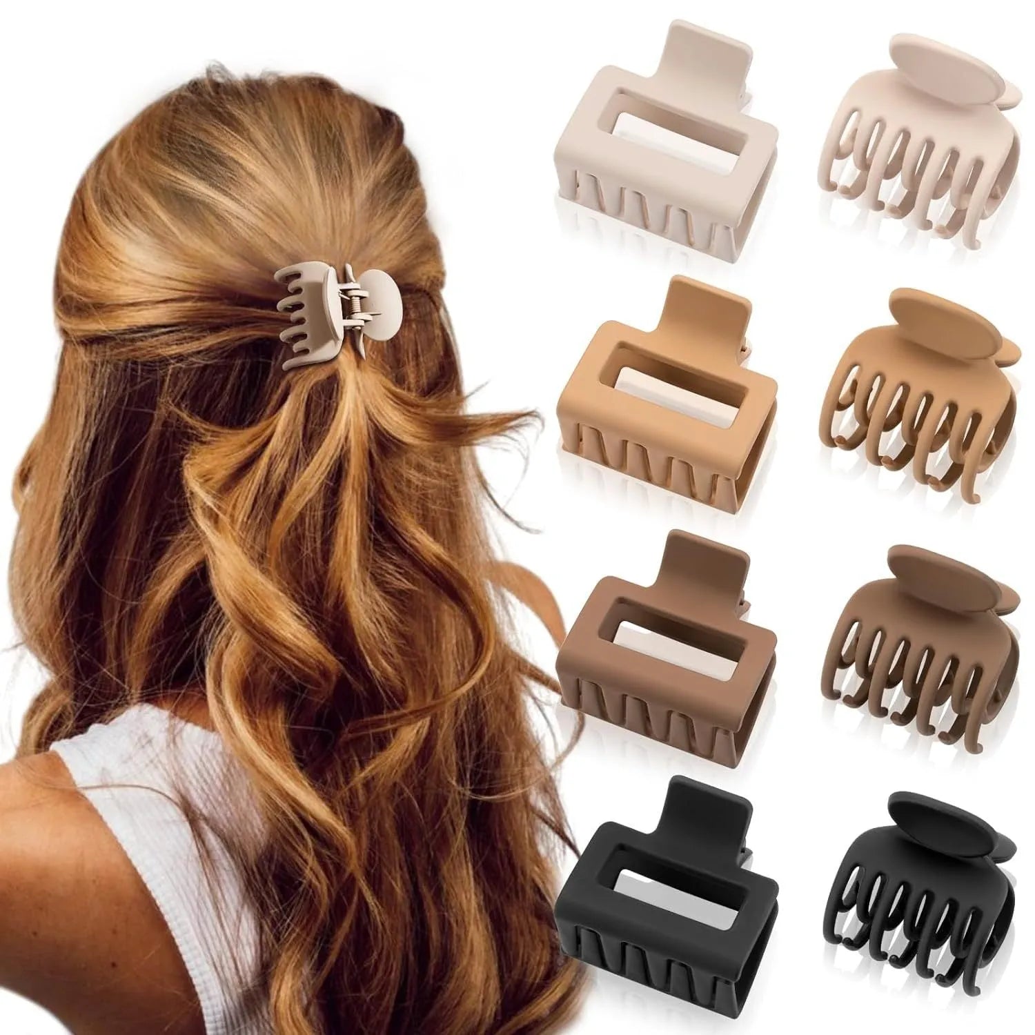 Set of six rose red nude coloured women's plastic hair clips with quadrilateral design on a white background.