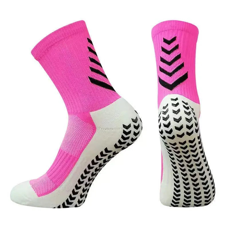 Men's mid-calf athletic socks with geometric patterns and non-slip silicone grips